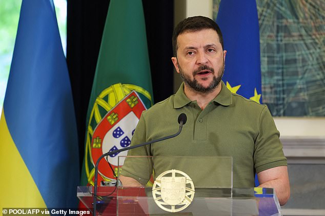 More than two years into the deadliest war in Europe since World War Two, Western allies are debating how to stop Russian military advances while Putin is increasingly evoking the risk of a global war. Pictured, Ukraine's President Volodymyr Zelensky on a trip to Portugal last week