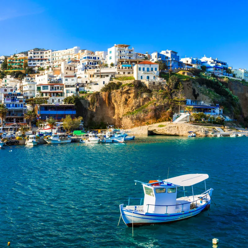 Picturesque Traditional Fishing Village In Agia Galini In Crete Island, Greece, Southern Europe