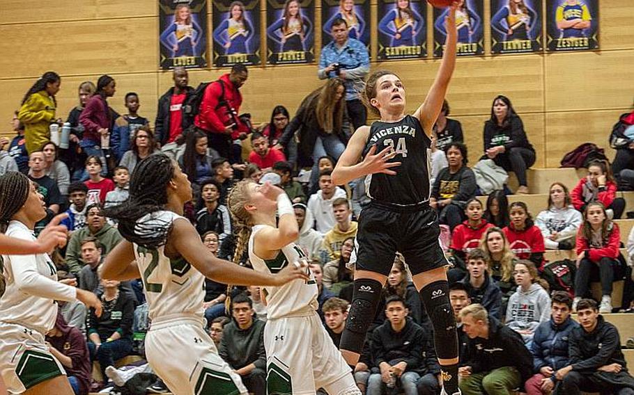 Vicenza's Claire Troiano goes in for a lay-up during the DODEA-Europe 2020 Division II Girls Basketball Championship game against Naples at the Wiesbaden High School, Germany, Feb. 22, 2020. Naples won the game 44-35.

Brian Ferguson/Stars and Stripes