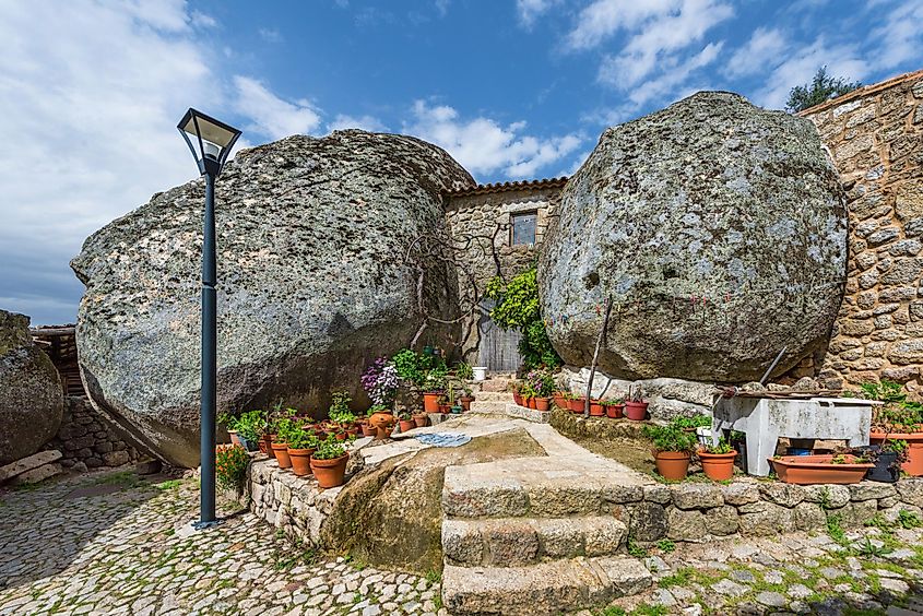 Unique rock-cut buildings in Monsanto, Portugal.