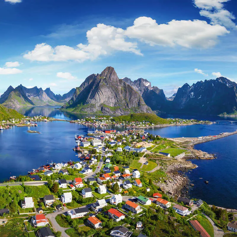 Aerial View Of Reine, A Village In The Lofoten Islands Of Norway, Scandinavia, Northern Europe