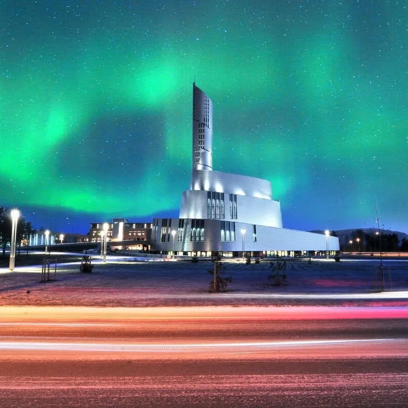 Northern Lights Cathedral In Alta, Norway, With Northern Lights Displayed In The Background, Scandinavia