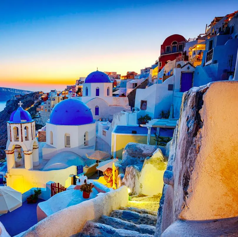 Blue domed buildings in Santorini Greece