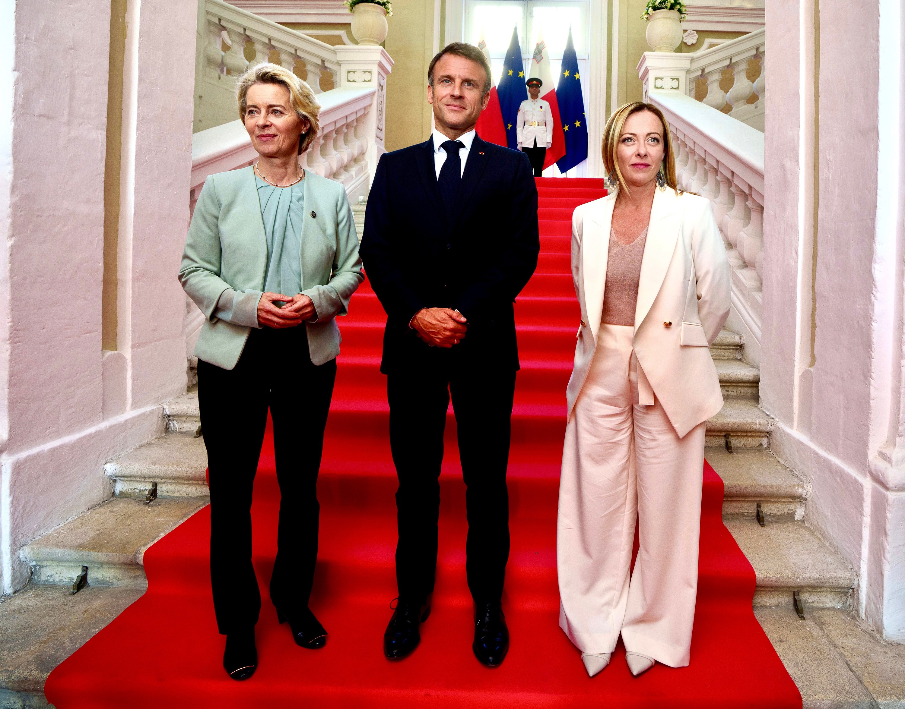 Ursula von der Leyen, President Macron and Meloni in Malta last year. The Italian leader has developed a close working relationship with Leyen, the European Commission president