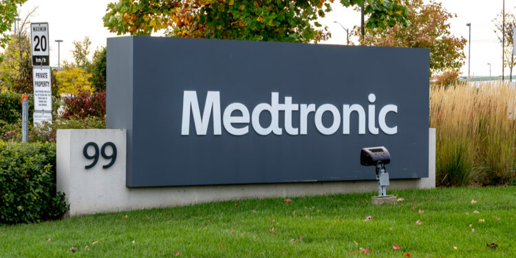 Brampton, Ontario, Canada- October 5, 2019: Sign of Medtronic at Canada Headquarters in Brampton, Ontario, Canada. Medtronic is among the world's largest medical equipment development companies.