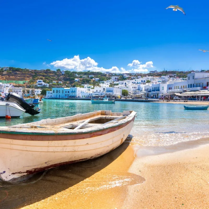 Boats in Mykonos port, Greece. 