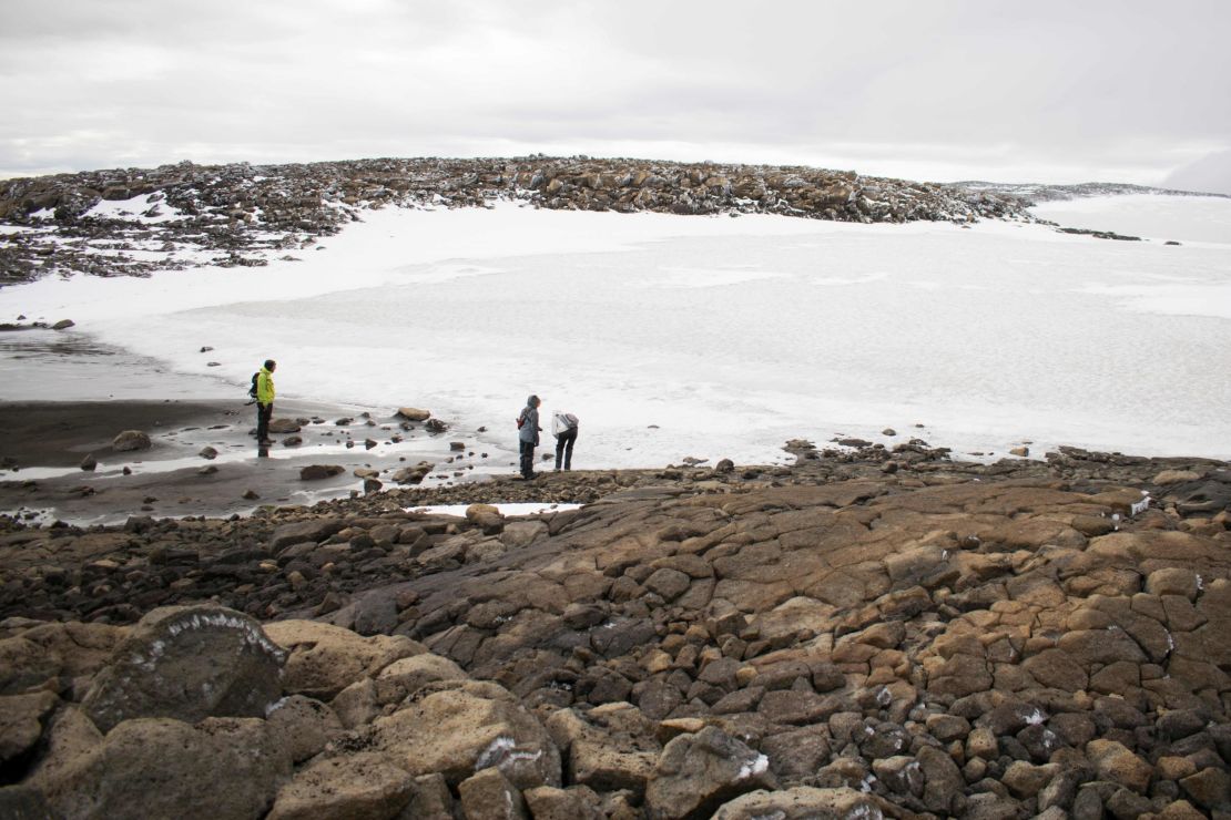 People at the site of the Okjökull glacier after a monument was unveiled there.