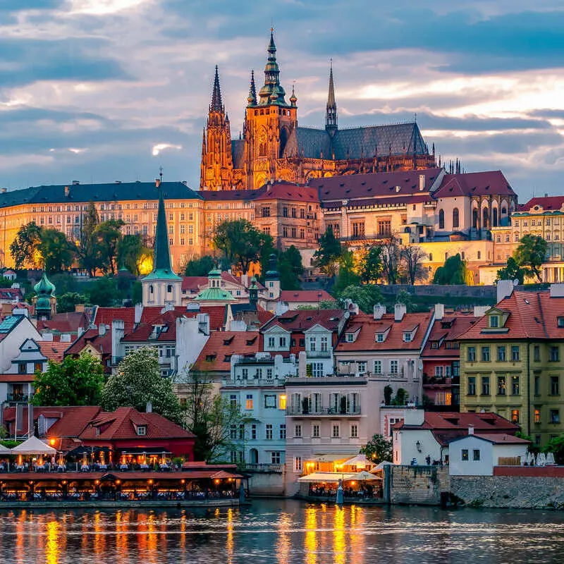 Panoramic View Of Prague Castle And St Vitus Cathedral Seen From Across The Vltava River, Prague, Czech, Czechia Republic, Central Europe