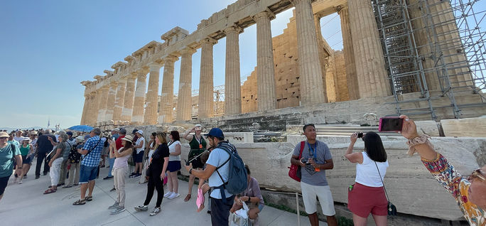 Crowds of tourists at the Acropolis in Athens, Greece