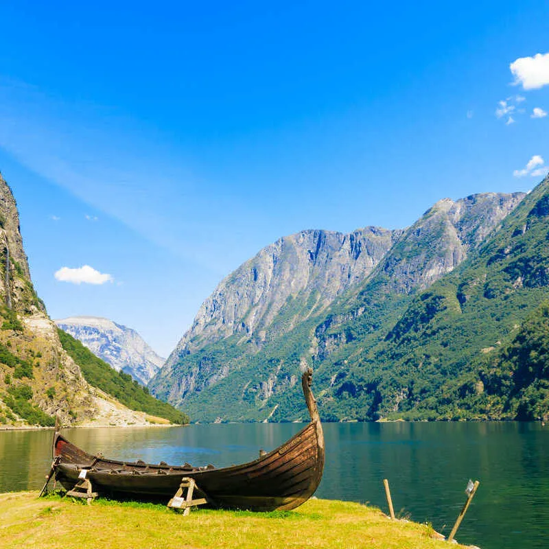 Viking Ship On The Shores Of A Fjord In Norway, Scandinavia, Northern Europe.jpg