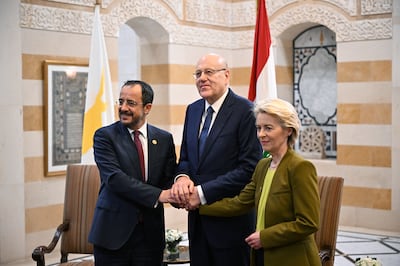 From left, Cypriot President Nikos Christodoulides, Lebanese Prime Minister Najib Mikati and European Commission President Ursula von der Leyen in Beirut. AFP