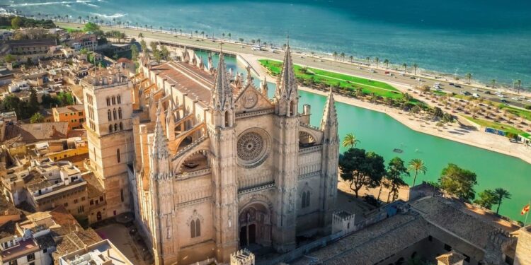 Aerial View Of The Medieval Cathedral In Palma De Mallorca, Capital Of Mallorca, An Island In Spain, Mediterranean Sea, Southern Europe