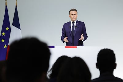 French President Emmanuel Macron holds a press conference about his decision to dissolve parliament, in Paris. EPA