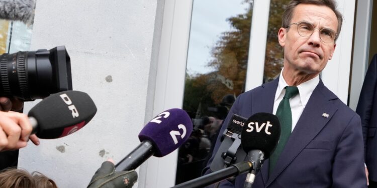 Sweden's Prime Minister Ulf Kristersson speaks with the media on Wednesday, Oct. 18, 2023. (AP Photo/Virginia Mayo)