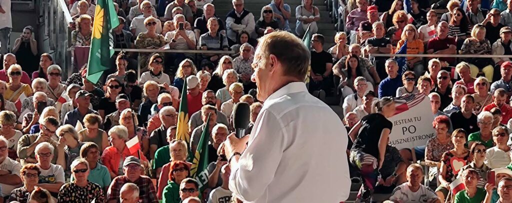 Civic Coalition Platform Chairman Donald Tusk at a meeting with the inhabitants of Koszalin (Poland) on 14 July 2023