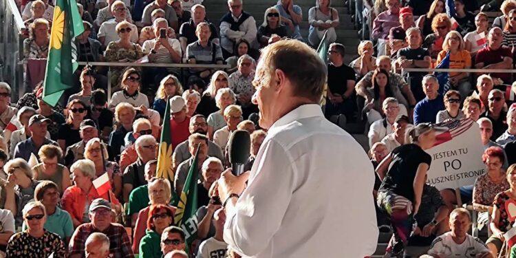 Civic Coalition Platform Chairman Donald Tusk at a meeting with the inhabitants of Koszalin (Poland) on 14 July 2023