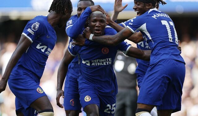 Moises Caicedo celebrates scoring for Chelsea against Bournemouth on May 19, 2024.