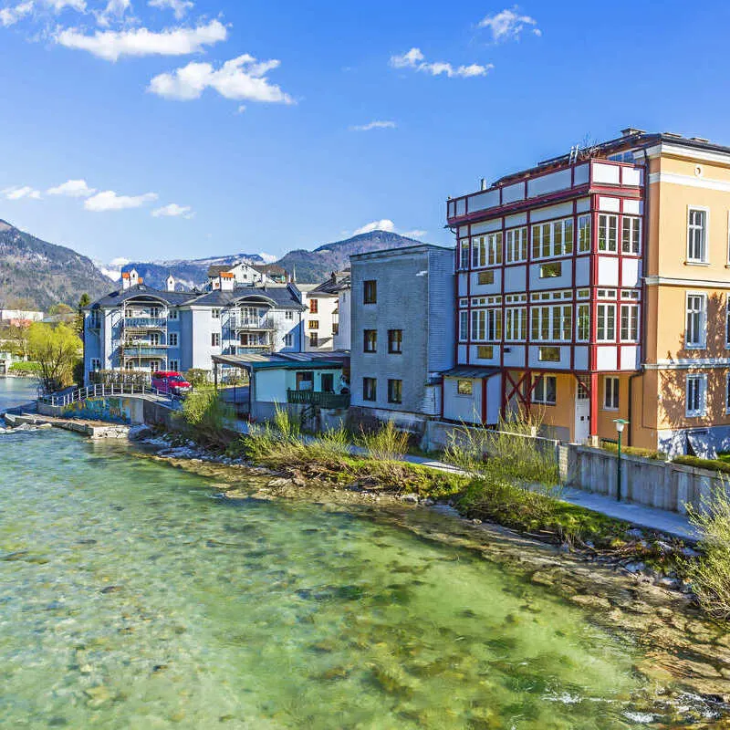 View Of The Bad Ischl Riverfront In The Salzkammergut Alpine Region Of Austria, Central Europe