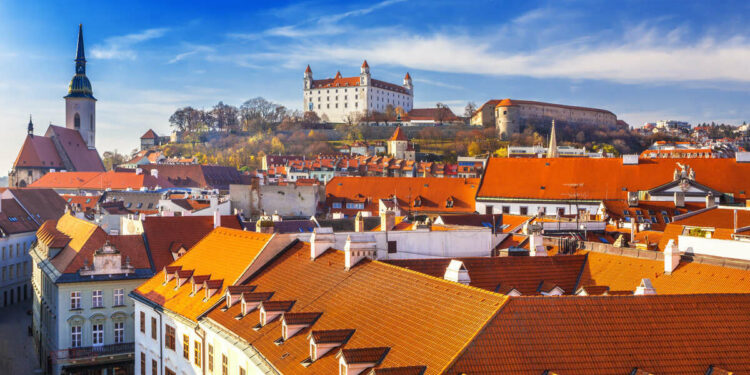 Panoramic View Of Bratislava Old Town With Bratislava Castle Seen On A Hilltop, Slovakia, Central Europe