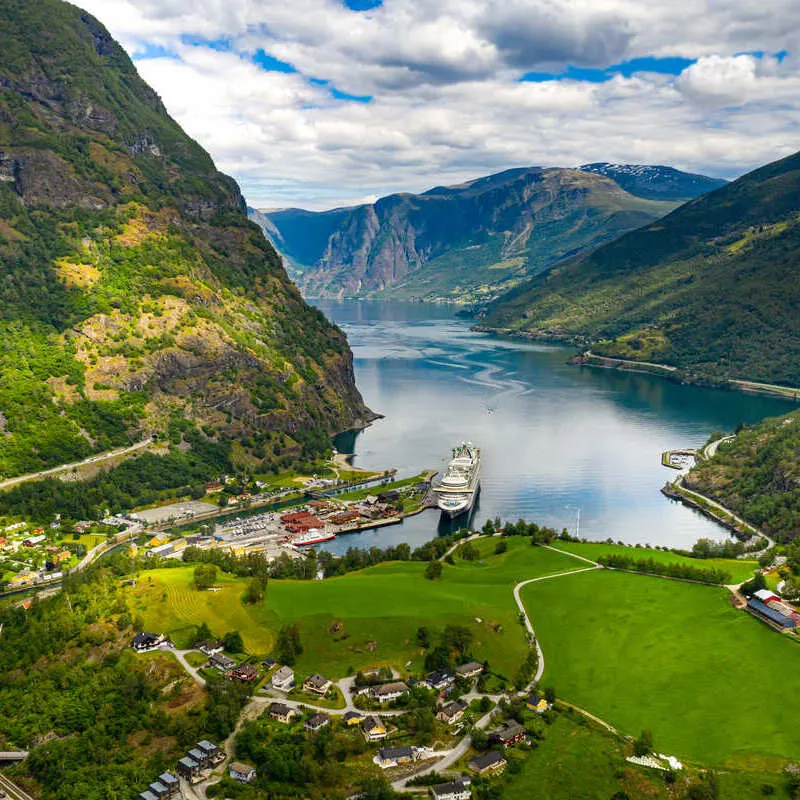 View Of The Aurlandsfjord In Flam Seen From The Flamsbana, Norway, Scandinavia, Northern Europe