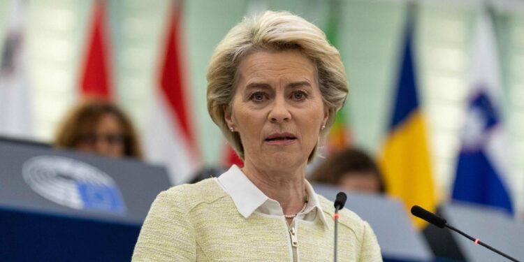 European Commission President Ursula von der Leyen speaks during a debate regarding economic sanctions against Russia, during a plenary session at the European Parliament in Strasbourg