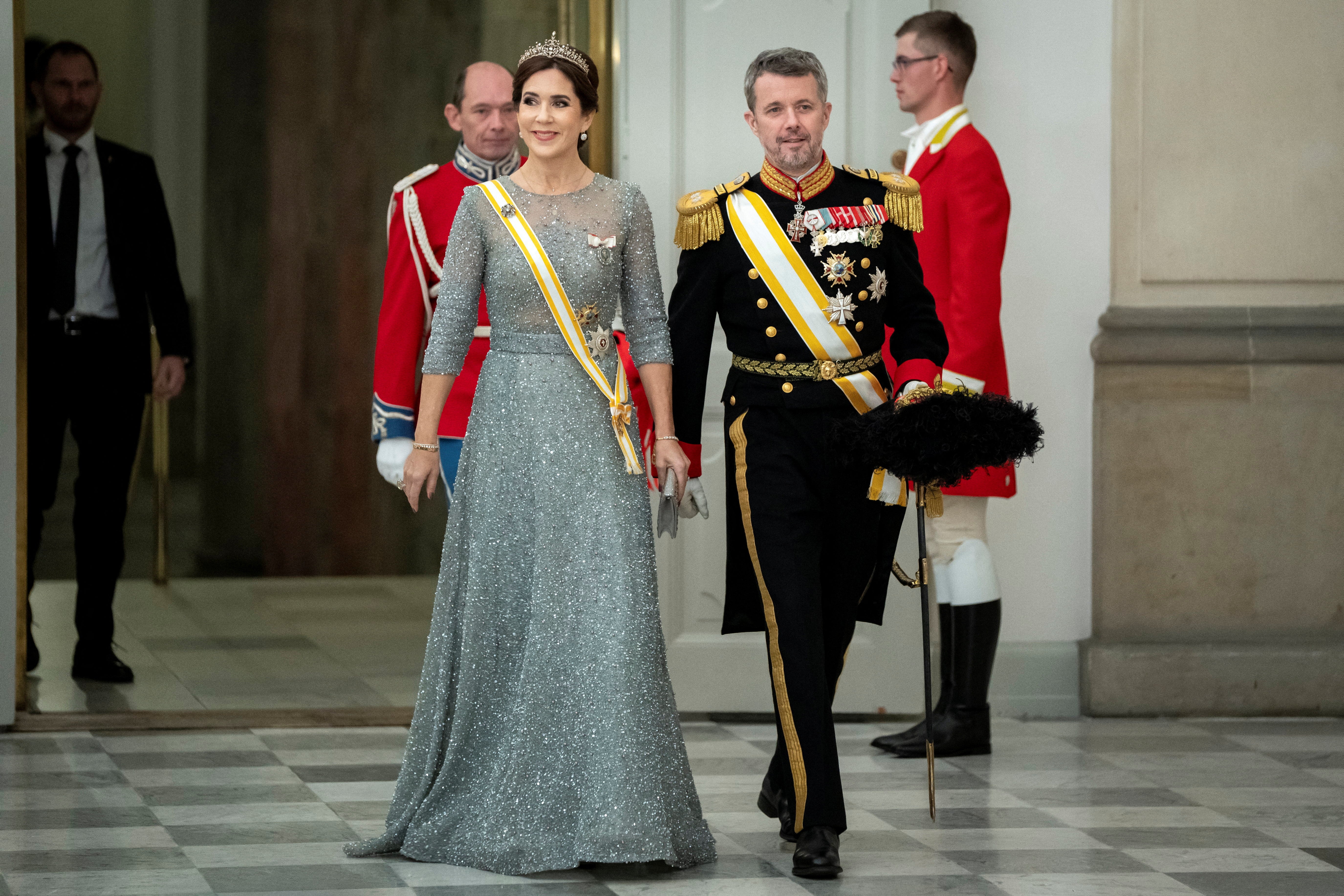 Danish Crown Princess Mary and Crown Prince Frederik arrive at the State Banquet at Christiansborg Castle in Copenhagen