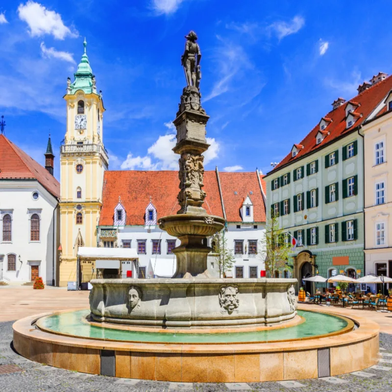 Bratislava, Slovakia. View of Bratislava main square with the city hall in the background. copy