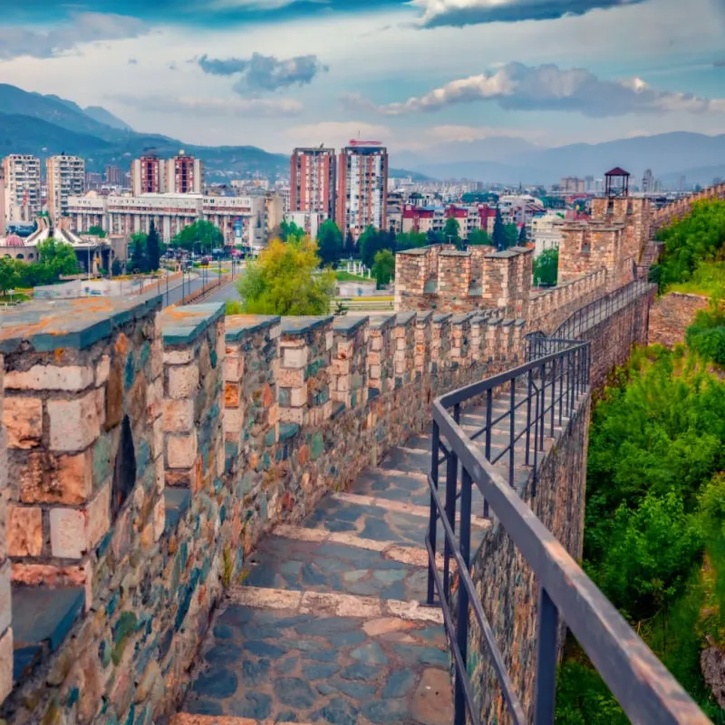 Attractive spring cityscape of Skopje - capital of North Macedonia, Europe. Stone wall of Skopje fortress