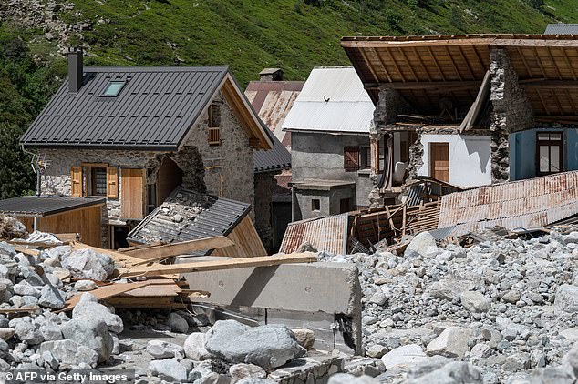 This photograph on June 28 shows damages of the village following a devastating flood of the river Veneon on June 21 in the hamlet of La Berarde in the French Alps