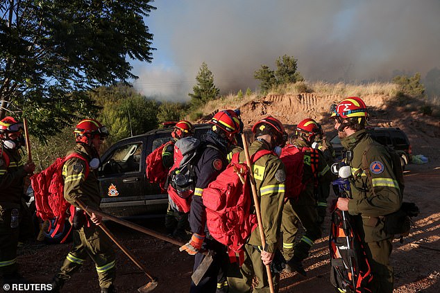 Firefighters arrive to extinguish a wildfire burning in Stamata, near Athens, Greece, June 30