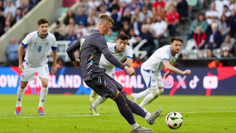 Cole Palmer scores his penalty for his first England goal