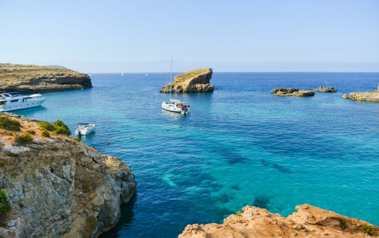 Panoramic view of The Blue Lagoon major tourist attraction in Comino island, Malta, Europe