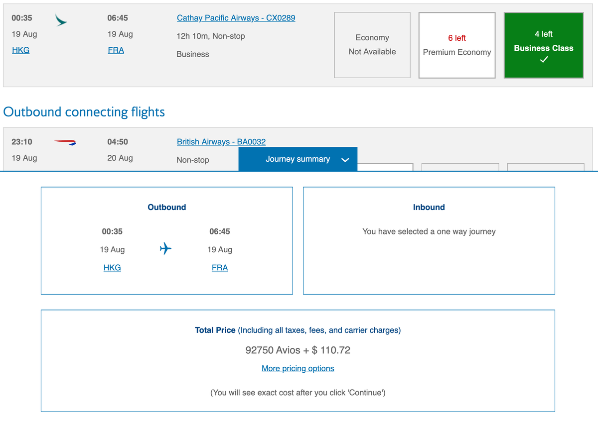 Booking HKG to FRA With Avios