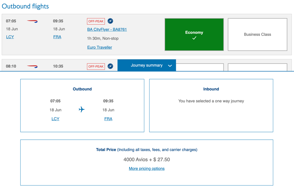 Booking LCY to FRA With British Airways Avios