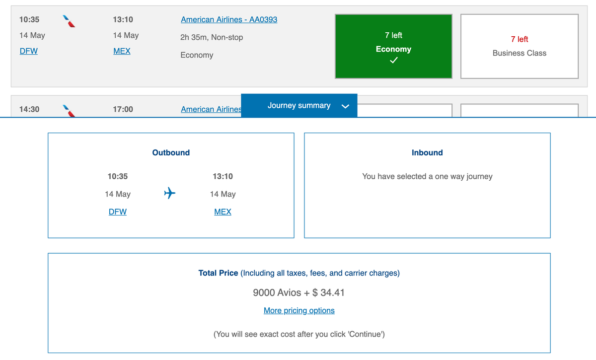 Booking DFW to MEX With Avios