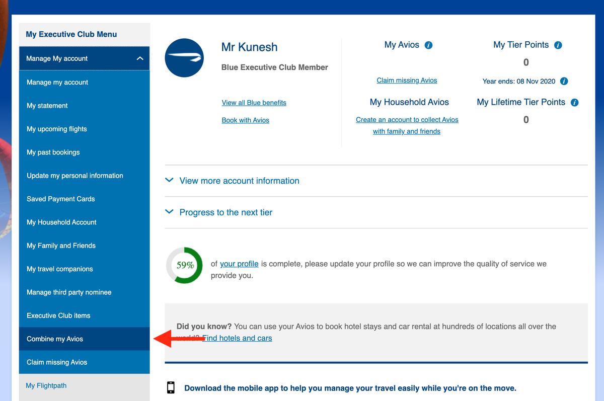 Click the Combine My Avios button at the bottom left-hand corner of the screen.