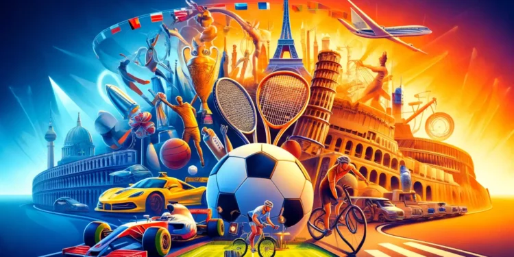 AI-generated image depicting major sports events across Europe in 2024. The image includes iconic symbols representing different sports and European landmarks