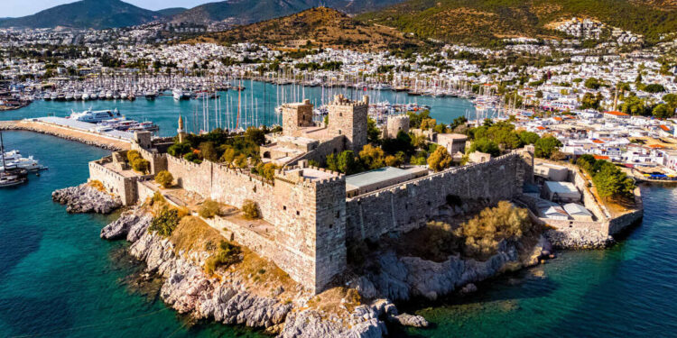 Aerial View Of Bodrum Castle In Turkiye, Mediterranean Sea