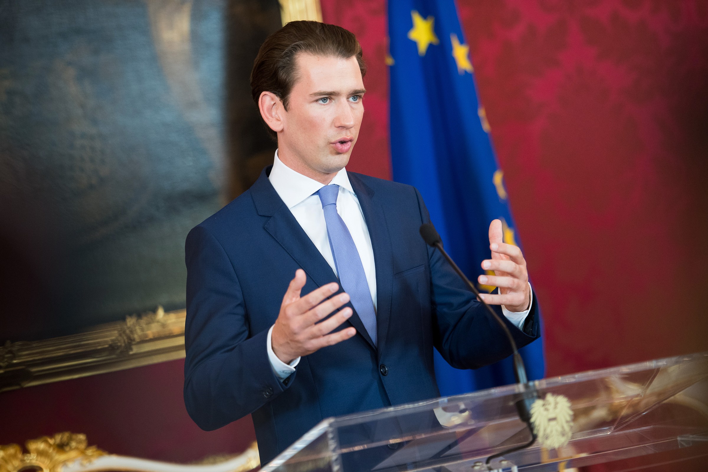 Former Austrian Chancellor Sebastian Kurz speak to the media on May 19, 2019 in Vienna. 