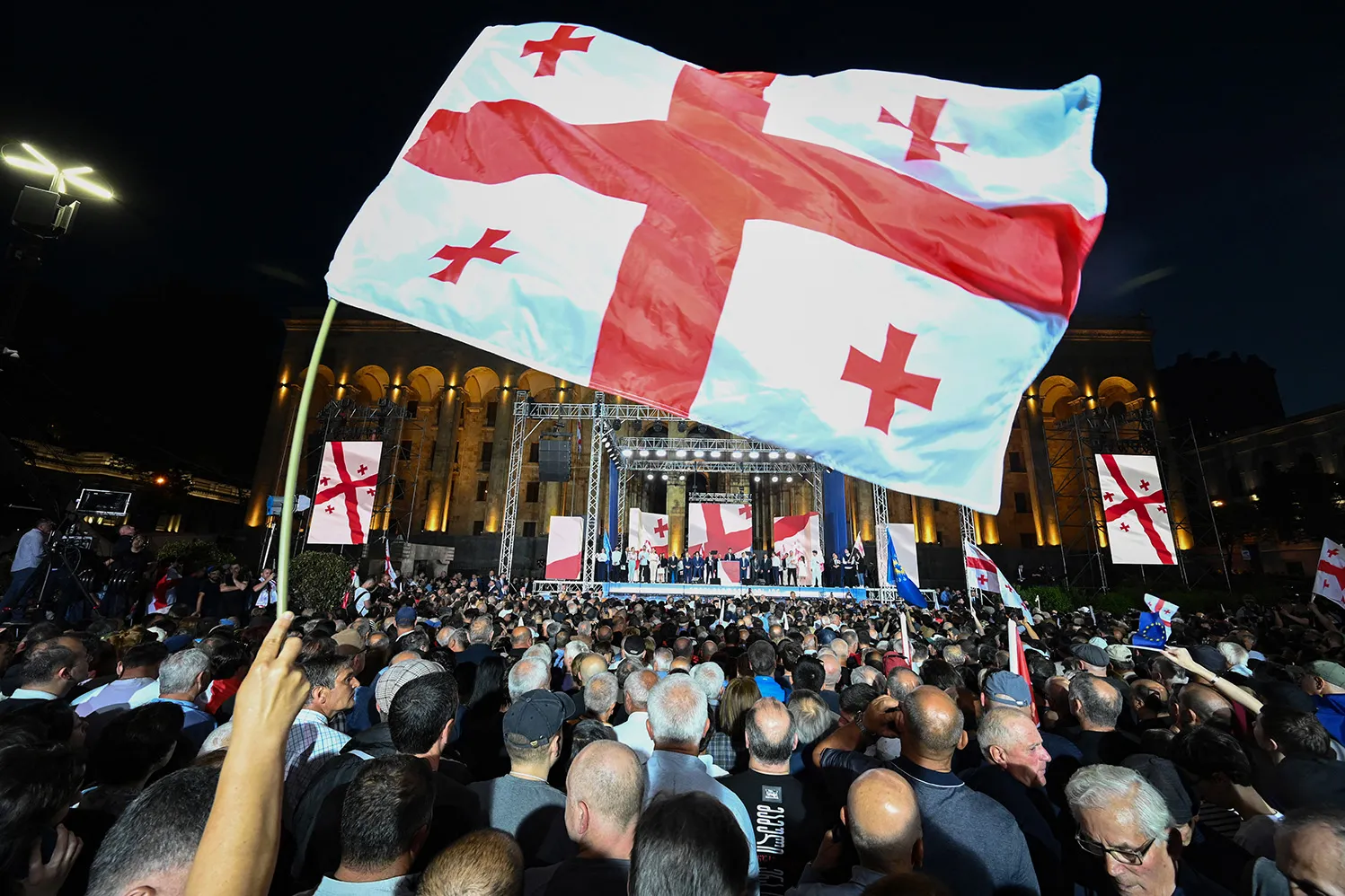 Protesters attend a rally organized by the ruling Georgian Dream party aimed at countering days of mass anti-government protests over a controversial “foreign agent” bill in Tbilisi, Georgia.