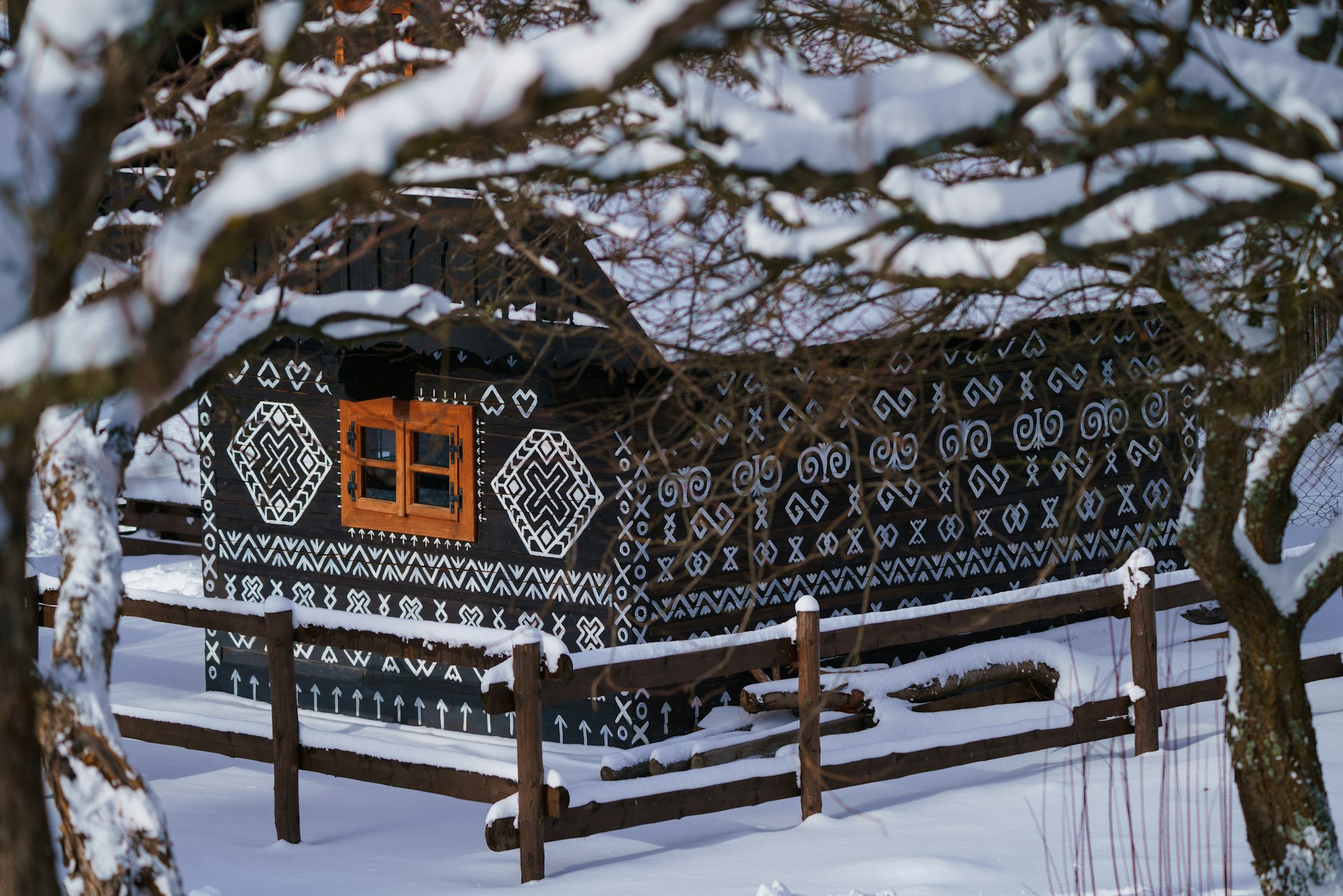 Traditional patterns adorn houses in Čičmany, Slovakia