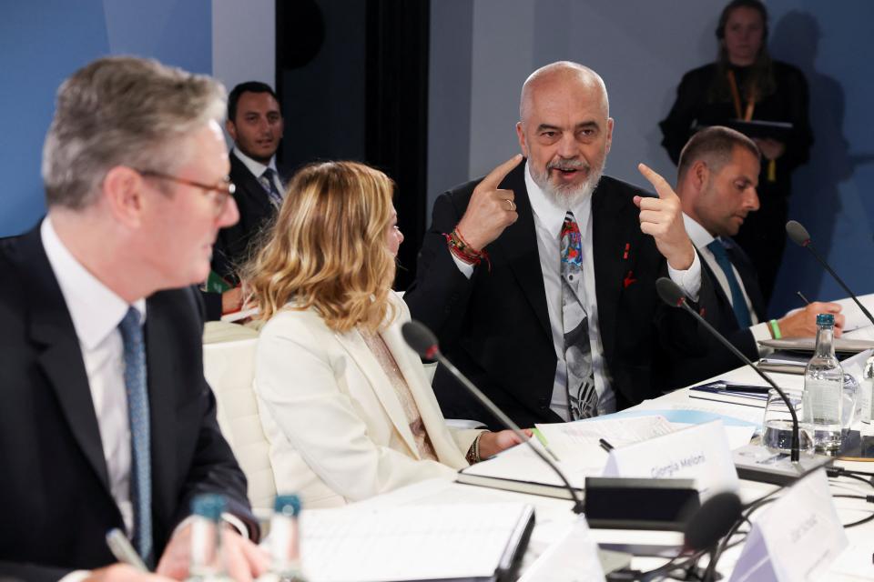 Albania's Prime Minister Edi Rama speaks to British Prime Minister Keir Starmer (L) and Italy's Prime Minister Giorgia Meloni (2nd, L) during a working session on migration at the European Political Community summit at Blenheim Palace (Getty Images)