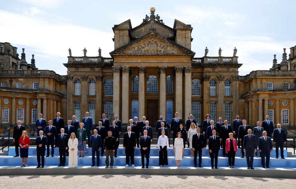 Participants pose for a family picture prior to the Meeting of the European Political Community at the Blenheim Palace in Woodstock, near Oxford, on July 18, 2024. (Photo by Ludovic MARIN / AFP) (Photo by LUDOVIC MARIN/AFP via Getty Images) (AFP via Getty Images)