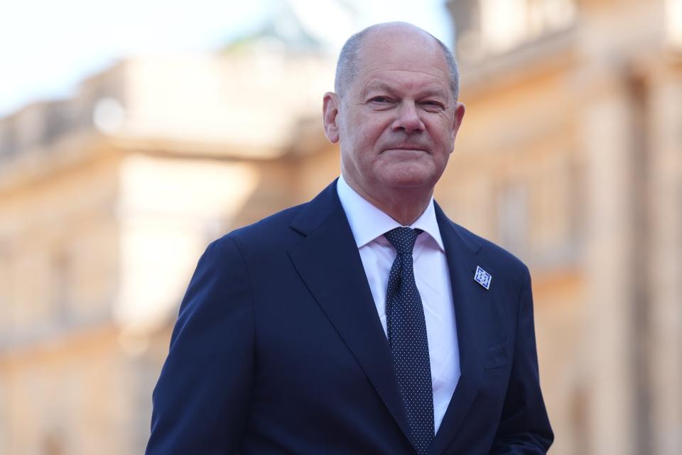 Chancellor of Germany Olaf Scholz arrives to attend the European Political Community summit at Blenheim Palace in Woodstock (Jacob King/PA Wire)