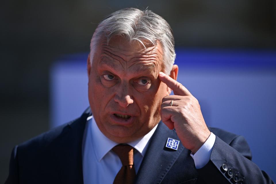 Hungary's Prime Minister Viktor Orban gestures as he speaks to media after arriving to attend the European Political Community meeting at Blenheim Palace in Woodstock (AFP via Getty Images)