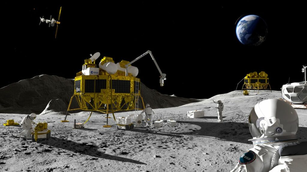 illustration of astronauts exploring the moon, with earth in the background