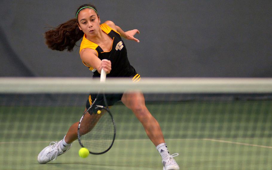 Patch's Marissa Encarnacion goes after a shot in the girls singles final at at the DODDS-Europe tennis  championships in Wiesbaden, Germany, Oct. 31, 2015. Encarnacion  defended her title with a 4-6, 6-1, 7-6 (7-5) win over ISB's Anouchka Laurent Josi.