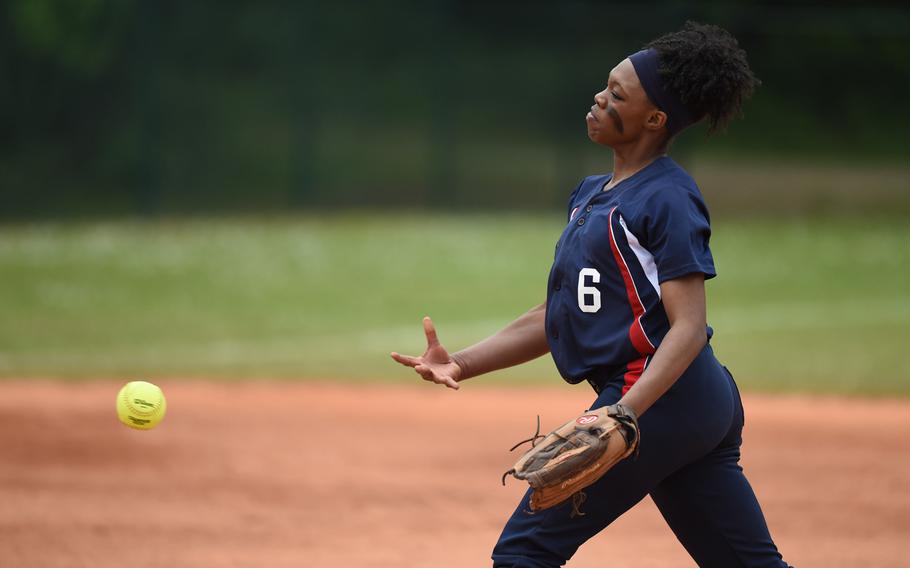 Aviano senior Shamera Lane delivers the ball in the first inning of the Saints' 8-3 victory over Alconbury for the DODDS-Europe Division II/III softball title.