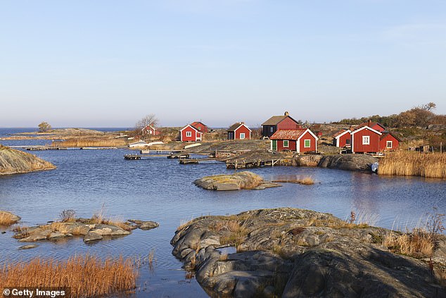 Red cottages in the outer archipelago of Stockholm in Sweden