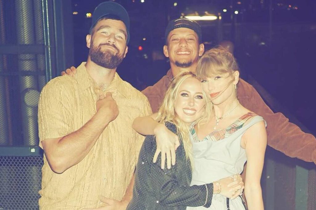 Brittany and Patrick Mahomes Pose with Taylor Swift and Travis Kelce During Europe Trip